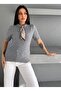 Soft Textured Short Sleeve Knit Sweater with Scarf
