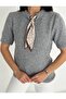 Soft Textured Short Sleeve Knit Sweater with Scarf - 2