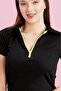 Polo Neck Neon Zippered Ribbed Knit Blouse Brown - 3