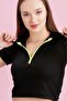 Polo Neck Neon Zippered Ribbed Knit Blouse Brown