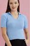 Polo Neck Short Sleeve Ribbed Knit Blouse Blue Color - 3