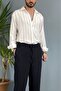 Woven Long Sleeve Gray Striped White Shirt - 7