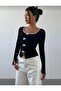Women's Black Collar Long Sleeve Bodysuit with White Ribbon - 3