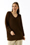 Women's Dark Brown Oversized Casual V-Neck Knitwear Sweater - 2