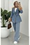 Women's Belted Fur Detail Pocketed Two-Piece Light Denim Blue Set - 3
