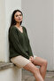 Women's Khaki V-Neck Comfortable Fit Knit Sweater - 3