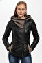 Black Antonia Knitwear Hooded Women's Genuine Leather Coat - 3