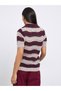 Burgundy Striped Hollow Knit Polo T-Shirt - 5