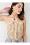 Women Brown Halter Neck Crochet Crop Top