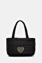 Women's Embossed Logo Woven Fabric Zippered and Long Strap Black Shoulder Bag