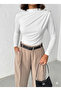 Women's Ecru Boat Neck Buttoned Shoulder Gathered Long Sleeve Sandy Fabric Blouse - 3