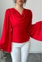 Red Round Neck Detail Long Sleeve Self-Tied Crepe Fabric Blouse - 3