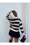 Women's Beige Black Striped Mesh Detailed Hooded Knit Sweater - 3