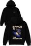 سويت شيرت Space the Adventure Design مطبوع قصة فضفاضة أسود بغطاء رأس