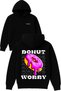 Donut Worry Design Printed Oversized Black Hooded Sweatshirt