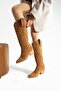 Women's Pointed Toe Heeled Boots Western - Tan - 2