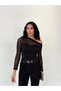 Women's Long Sleeve Off-Shoulder Blouse with Transparent Tulle Detail - 4