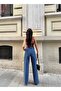 Women's High-Waisted Special Design Blue Wide-Leg Pants - 3