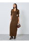 Brown Knit Long Sleeves Maxi Dress - 2