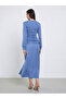 Blue Gathered Detail Long Sleeve Midi Dress - 5