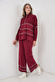 Women's Striped Oversized Knitwear Double Set 15957 - Claret Red - 4