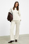 Elsbeth Women's Crew Neck Slit Raglan Sleeves Oversized Elastic Waist Tube Leg Beige Top and Bottom Set