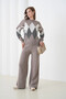 Women's Taupe Crew Neck Diamond Patterned Sweater Pants Knit Top and Bottom Set - 8