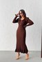 Women's Brown Elegant Long Knit Dress with Sleeve Button and Ruffle Details (New Color) - 8