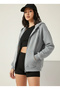 Women's Gray Hooded Zippered Cardigan 2 Thread Raised