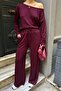 Women's Burgundy Off-Shoulder Soft Modal Textured Bottom-Top Set - 3