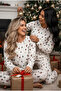 Ecru Christmas Themed Patterned Soft Touch Winter Corded Fabric Cotton Knitted Pajama Set 7956