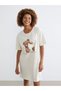 Pink Crew Neck Bear Printed Women's Nightgown