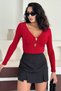 Women's V-Neck Gold Detailed Long Sleeve Blouse – Black, Coffee, White, Burgundy 10136 - 7