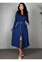Women's Long Sleeve Collared Waist Belted Leather Detail Slit Midi Viscose Two Thread Elbi - 3