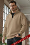 Men's Camel Stone Sand Beige Turtleneck Fleece-Lined Thread Fleece Inside Oversized Sweatshirt - 3