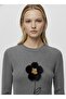 Women's Floral Appliqué Fine Textured Knit Sweater – Gray - 4