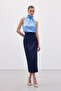 Satin Skirt with Pleated Detail - Navy Blue - 3