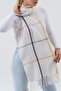 Ecru Soft Textured Square Line Patterned Tassels Shawl Scarf Nbaks036 - 5