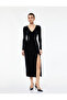 Long Sleeve V-Neck Slit Detail Slim Fit Midi Dress - 3
