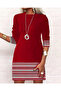 Women's Long Sleeve Crew Neck Two-Thread Dress with Printed Sleeves and Hem