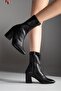 Women's Black Pointed Toe Zippered Flexible Thick Heeled Ankle Stretch Boots Bootie - 2