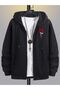 Unisex Black Flower Print Zippered Hooded Oversize Cardigan