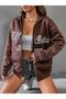 Women's Brown California Printed Hooded Zipper Cardigan - 4
