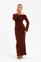 Women's Brown Open Shoulder Long Lace Dress