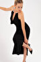 Women's Black Accessory Detail Low-Cut Long Dress - 3