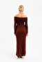 Women's Brown Open Shoulder Long Lace Dress - 6
