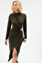 Women's Khaki Slim Fit Accessory Detailed Midi Dress - 3