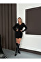 Women's Black Double-Breasted Collar Stone Detailed Mini Dress - 5
