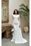 White Sleeve Embroidered D Draped Tailed Evening Dress - 3