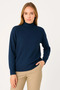 Women's Half-Throat Knitwear Soft Textured Cotton Long Sleeve Sweater - Navy Blue - 3